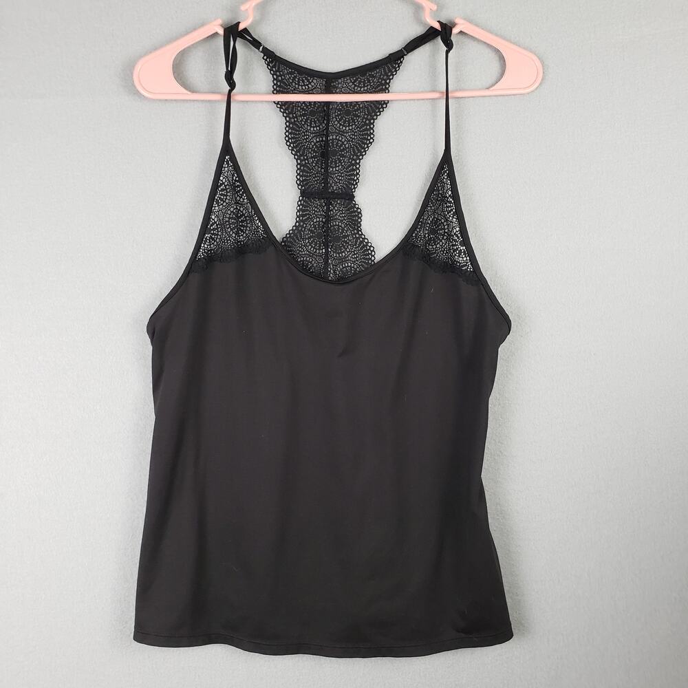 Linea Donatella Sz S Lace Trim Racerback Tank Top Black Elevated‎ Basic Romantic